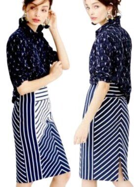 J. Crew Womens Straight Pencil Skirt Navy Combo Chevron Stripe Cotton Twill 6